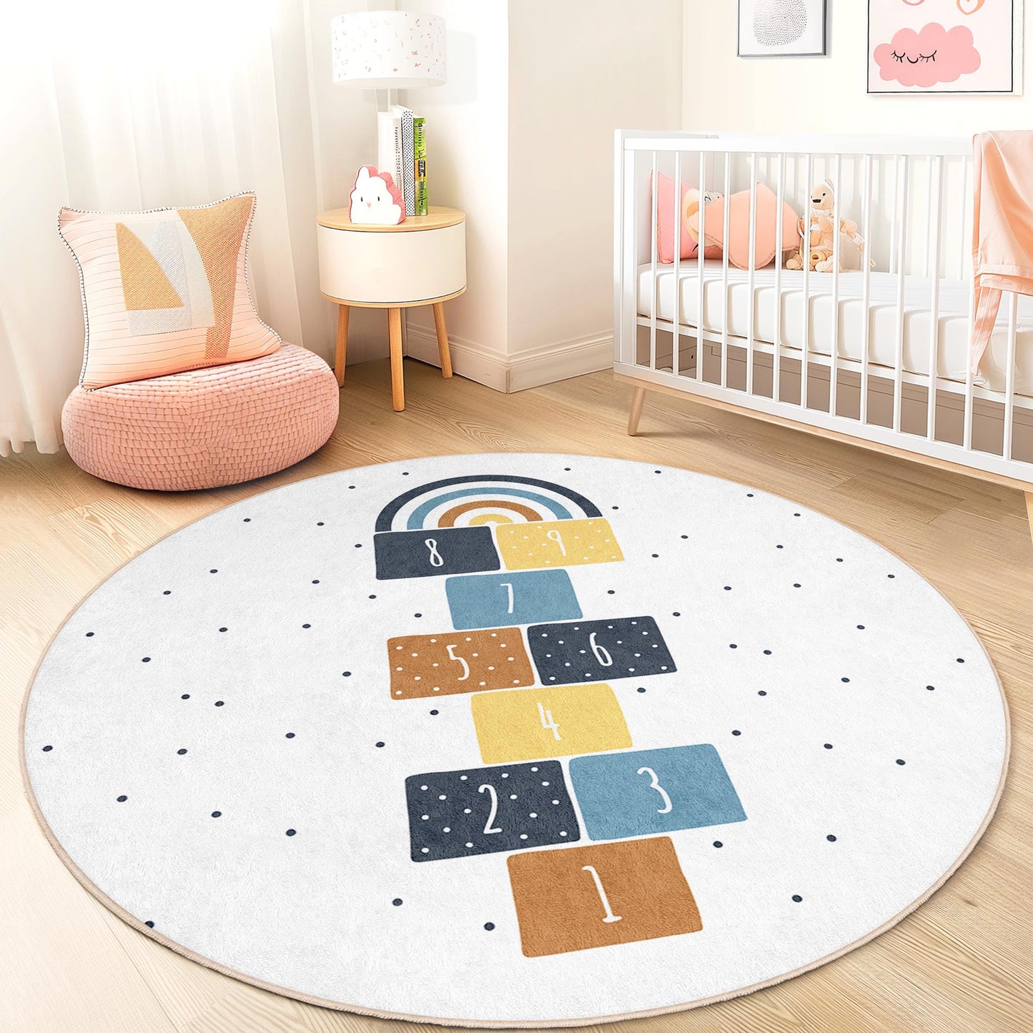 Rainbow Hopscotch Round Kids Rug, Colorful Play Mat for Children's Room, Soft Nursery Carpet, Interactive Educational Rug