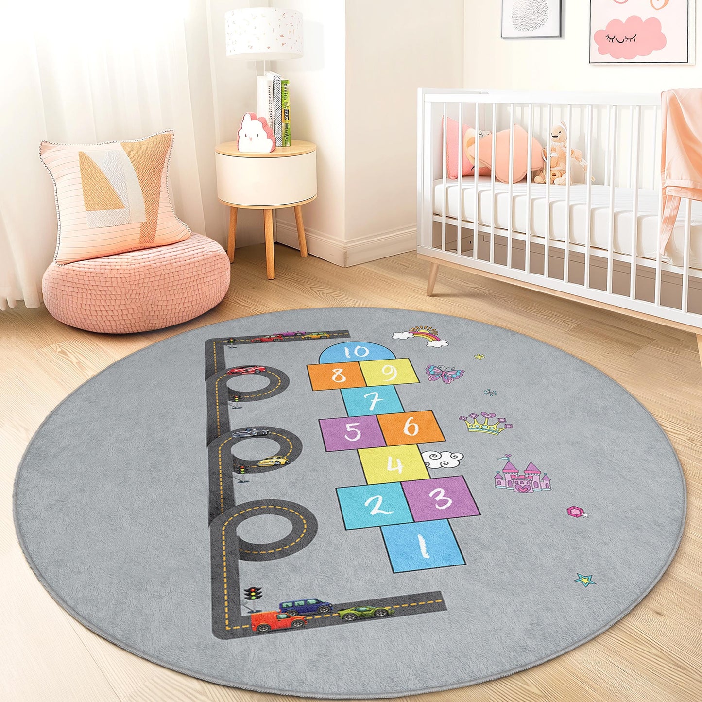 Road Map Hopscotch Round Kids Rug, Interactive Play Mat for Children, Playroom Decor, Soft Nursery Carpet, Fun Kids Room Rug