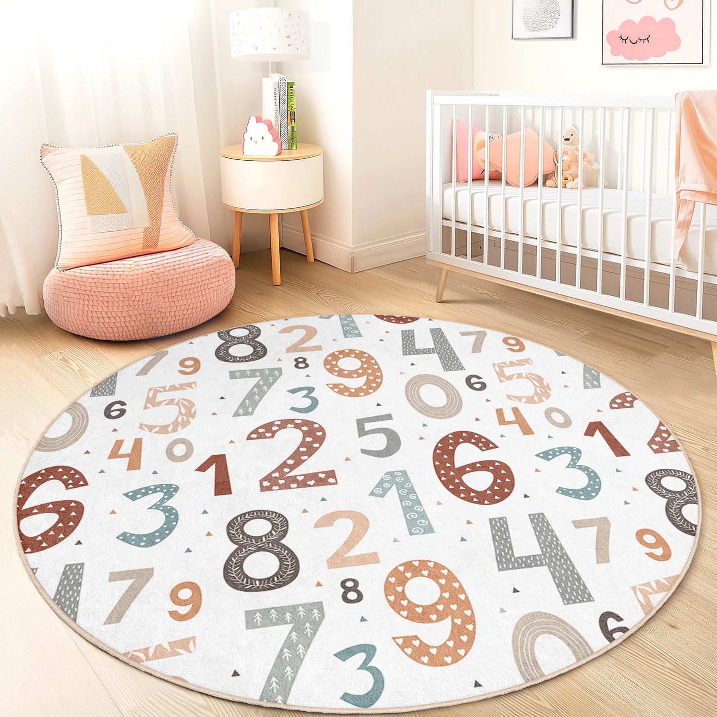 Colorful Number Pattern Round Kids Rug, Educational Play Mat, Soft Nursery Carpet, Toddler Room Decor, Fun Learning Rug