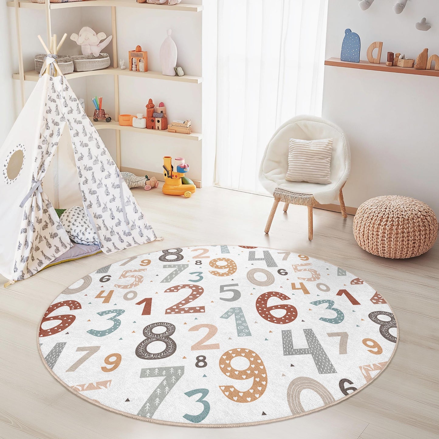 Colorful Number Pattern Round Kids Rug, Educational Play Mat, Soft Nursery Carpet, Toddler Room Decor, Fun Learning Rug