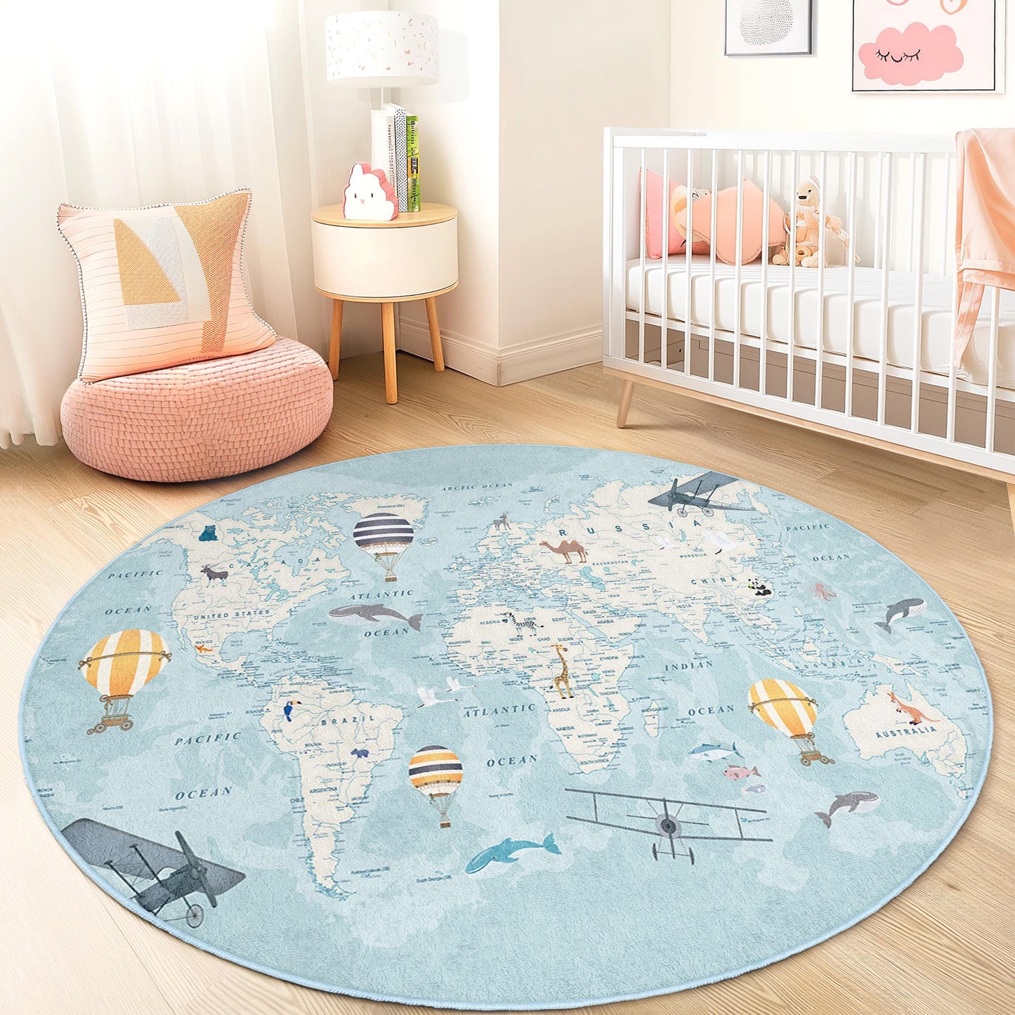 World Map Adventure Round Kids Rug, Travel Themed Play Mat, Soft Round Carpet for Kids Room, Educational Nursery Decor
