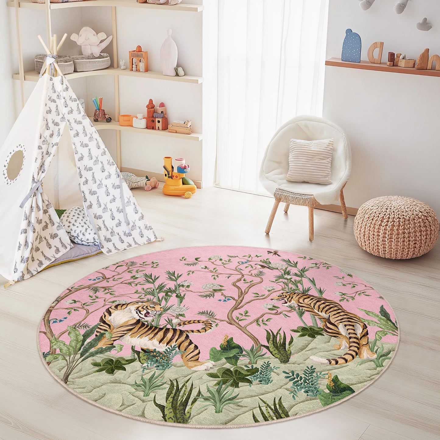 Pink Floral Tiger Round Area Rug, Kids Room Decor, Nursery Rug, Playroom Carpet, Animal Print Kids Rug, Soft Round Play Mat