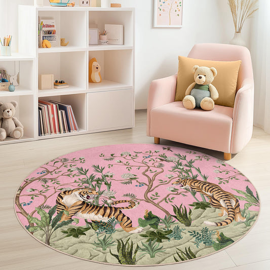 Pink Floral Tiger Round Area Rug, Kids Room Decor, Nursery Rug, Playroom Carpet, Animal Print Kids Rug, Soft Round Play Mat