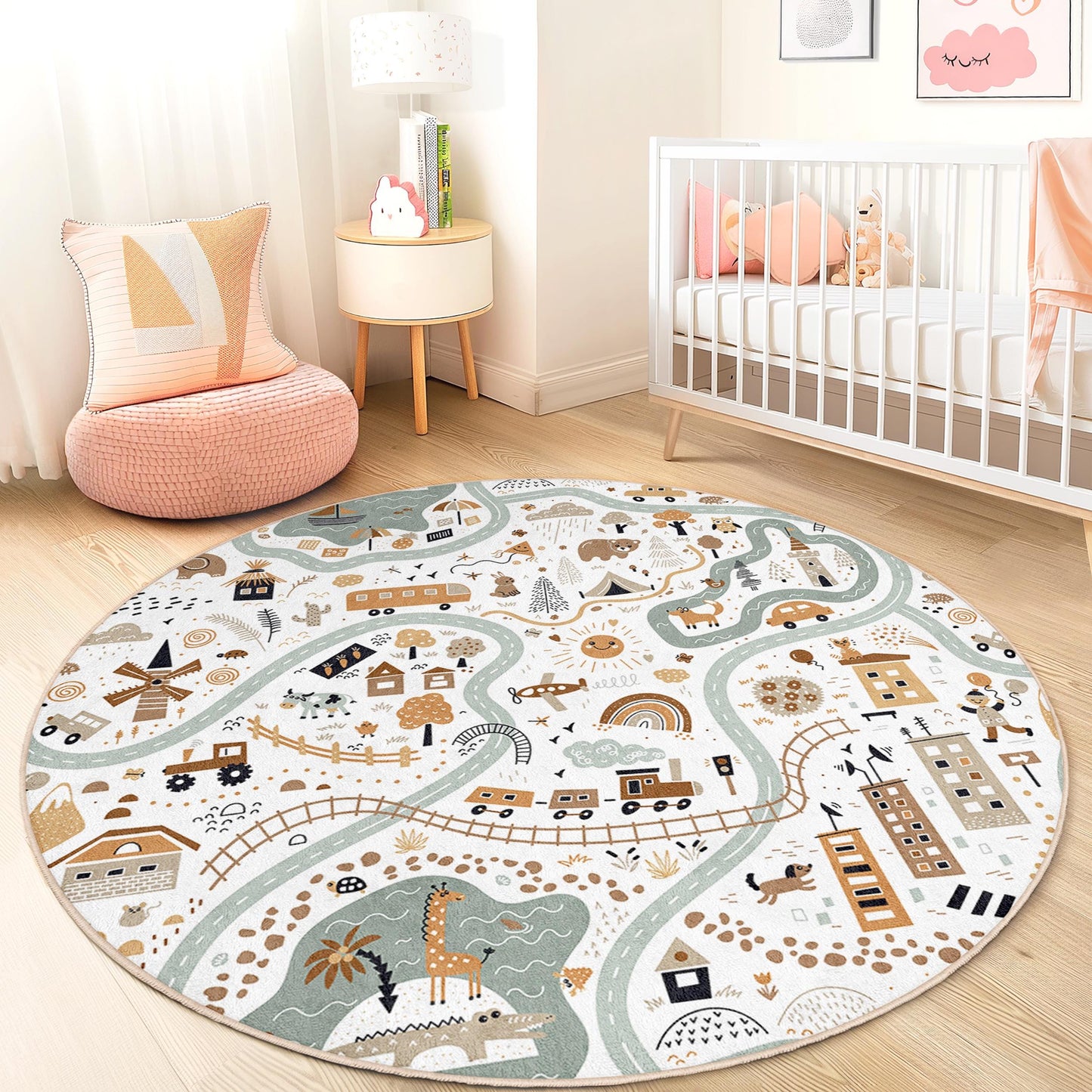 Whimsical Nature Round Kids Rug, Playful Map Design, Round Carpet for Kids Room, Nursery Decor, Soft Play Mat, Adventure Rug