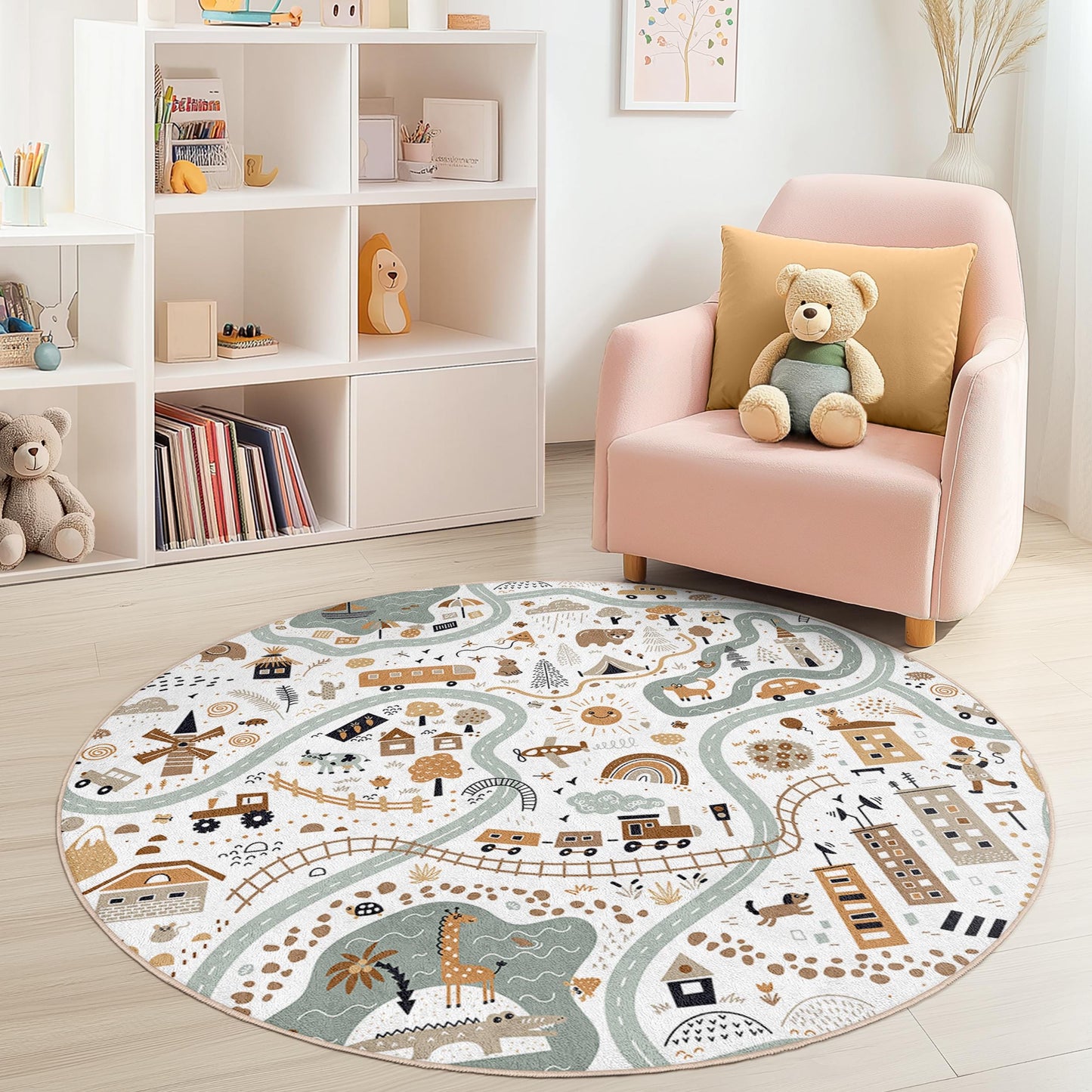 Whimsical Nature Round Kids Rug, Playful Map Design, Round Carpet for Kids Room, Nursery Decor, Soft Play Mat, Adventure Rug
