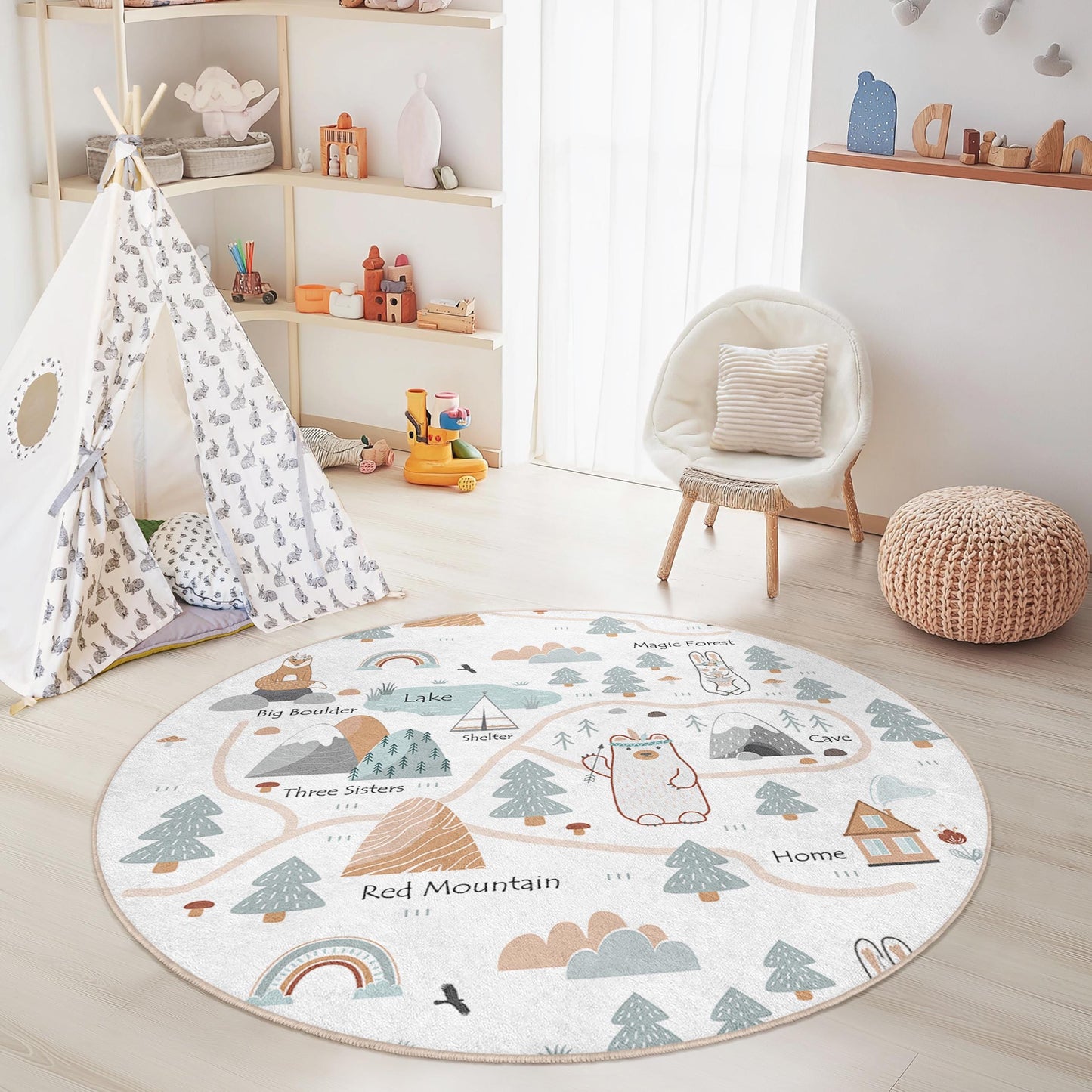 Magic Forest Round Kids Play Rug, Adventure Map Kids Rug, Round Carpet for Kids Room, Nursery Decor, Interactive Play Mat