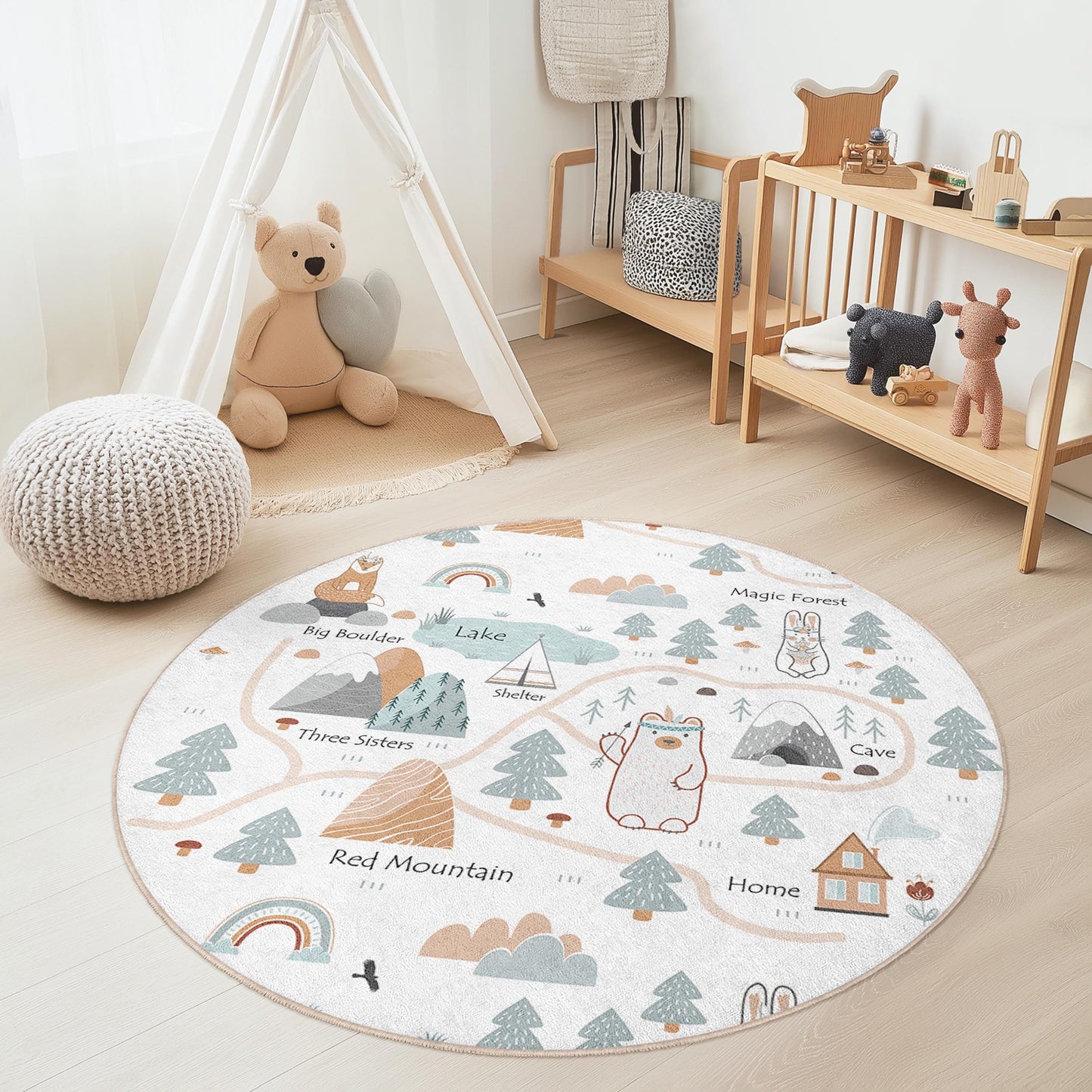 Magic Forest Round Kids Play Rug, Adventure Map Kids Rug, Round Carpet for Kids Room, Nursery Decor, Interactive Play Mat