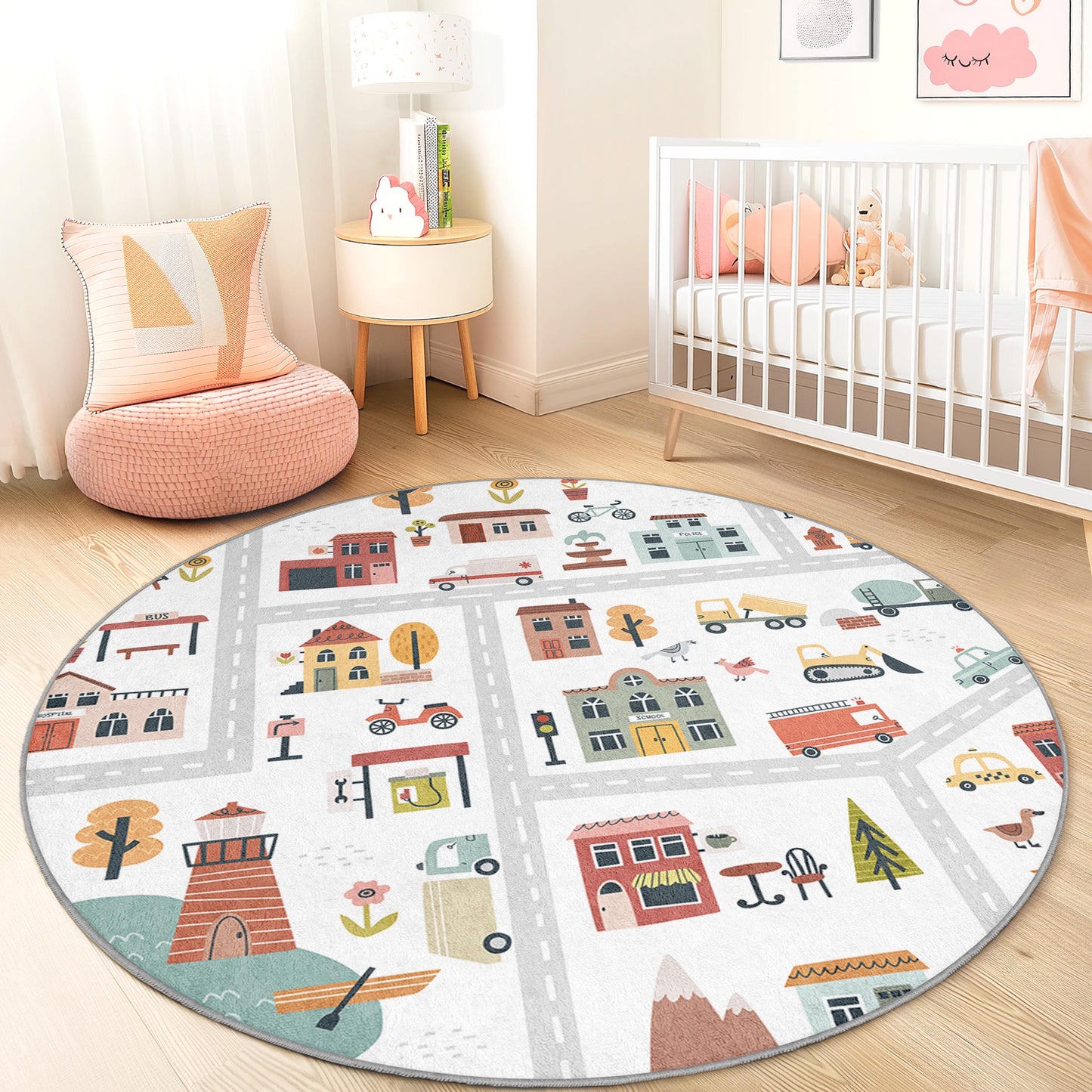 Whimsical City Map Round Kids Play Rug, Colorful Round Carpet for Kids Room, Interactive Play Mat for Toddler Fun