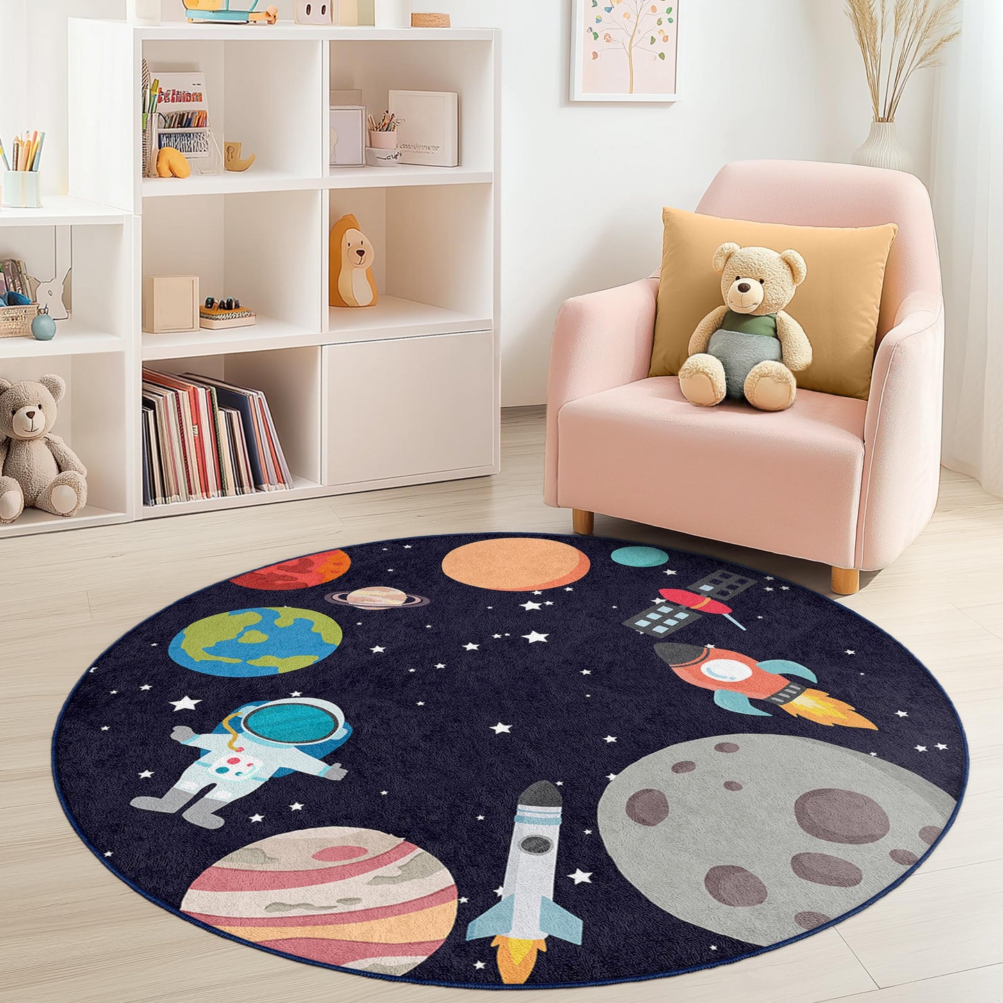 Space Adventure Round Kids Play Rug, Astronauts and Planets Carpet, Soft Nursery Decor, Cosmic Playmat for Children's Room