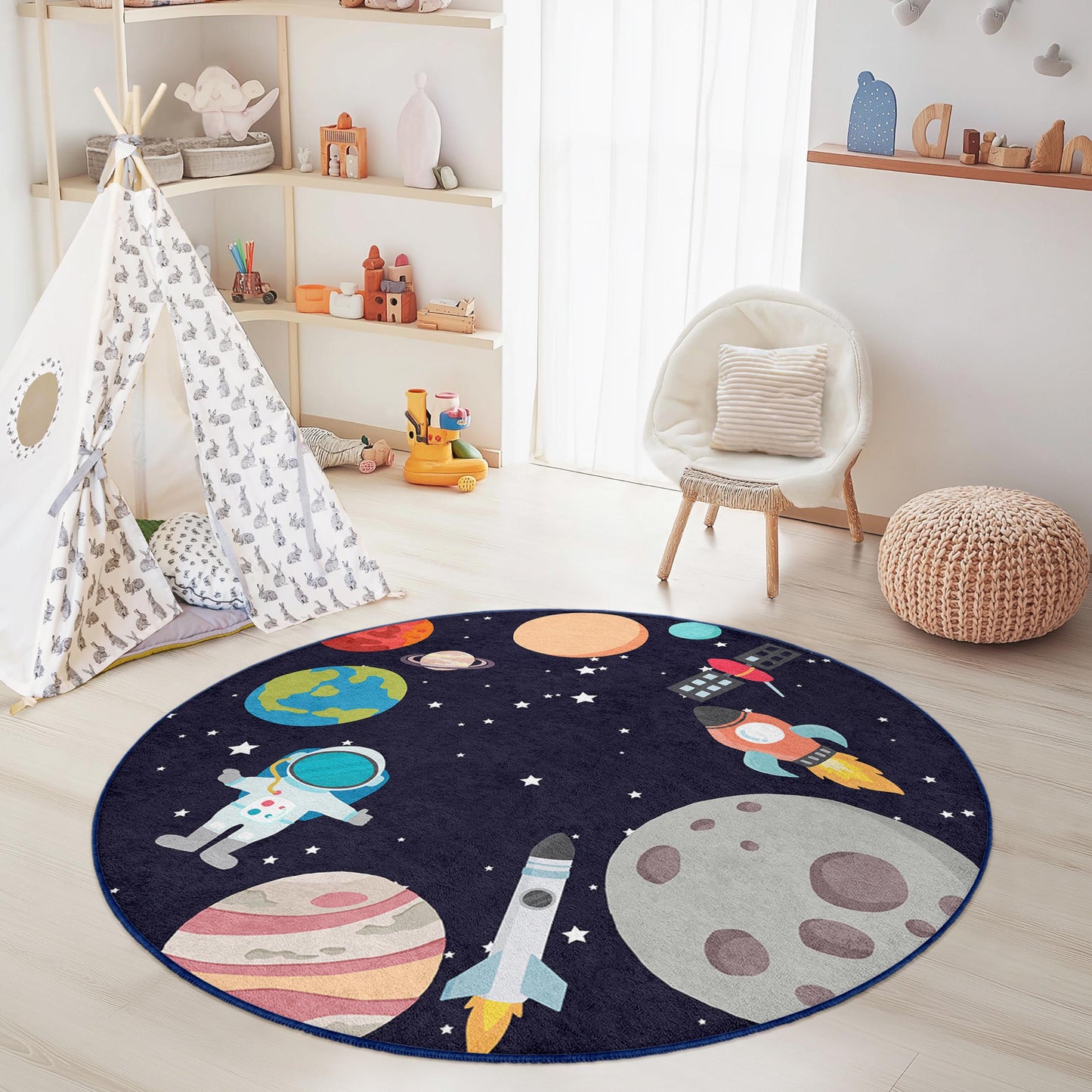 Space Adventure Round Kids Play Rug, Astronauts and Planets Carpet, Soft Nursery Decor, Cosmic Playmat for Children's Room