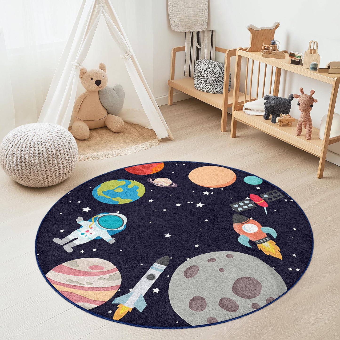 Space Adventure Round Kids Play Rug, Astronauts and Planets Carpet, Soft Nursery Decor, Cosmic Playmat for Children's Room