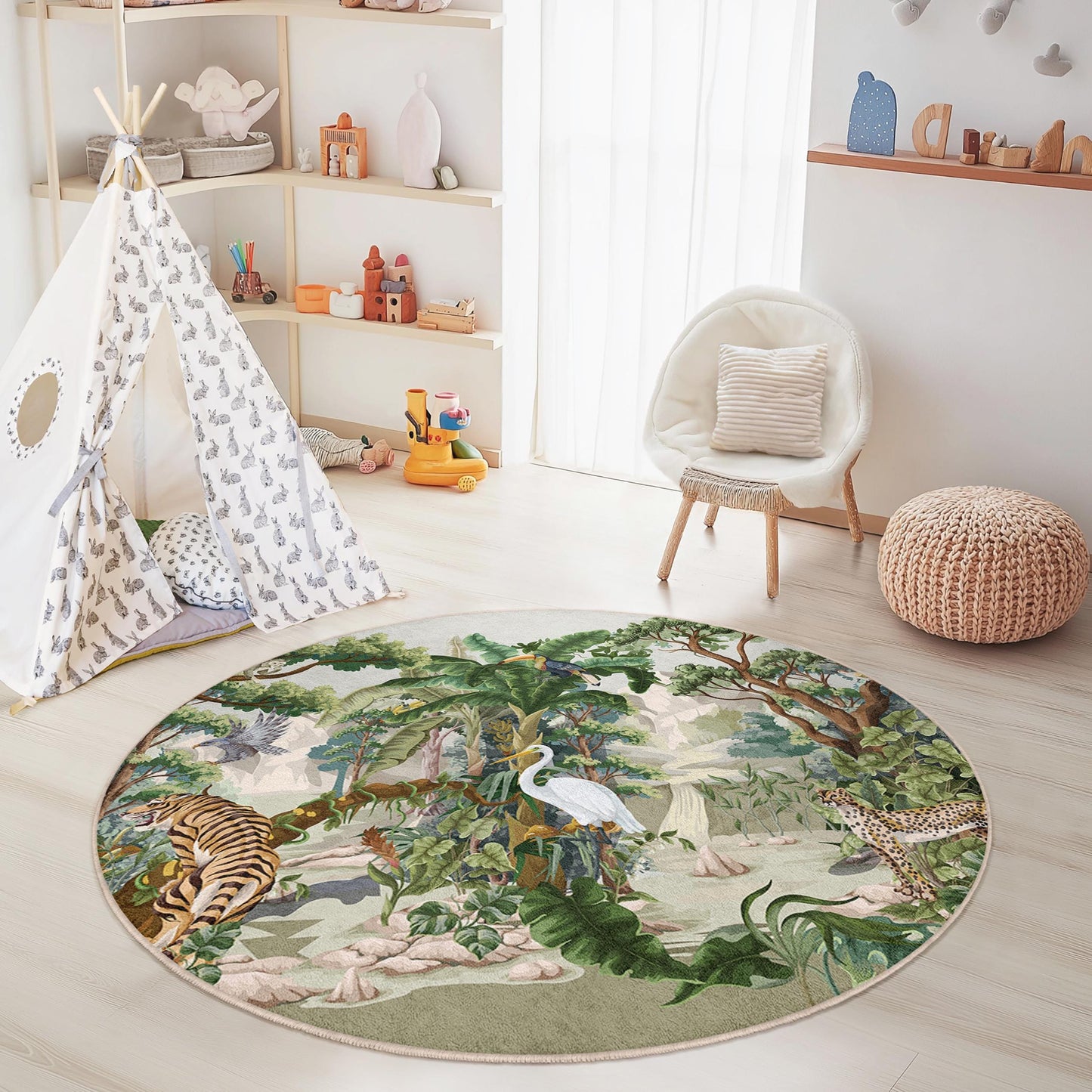 Jungle Safari Round Kids Play Rug, Animal Print Play Mat, Kids Room Decor, Nursery Rug, Soft Jungle Carpet