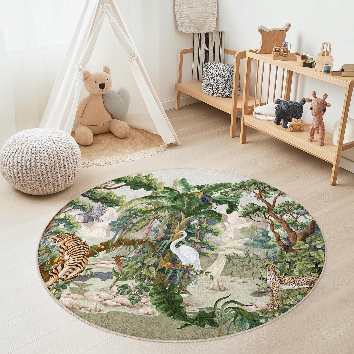 Jungle Safari Round Kids Play Rug, Animal Print Play Mat, Kids Room Decor, Nursery Rug, Soft Jungle Carpet