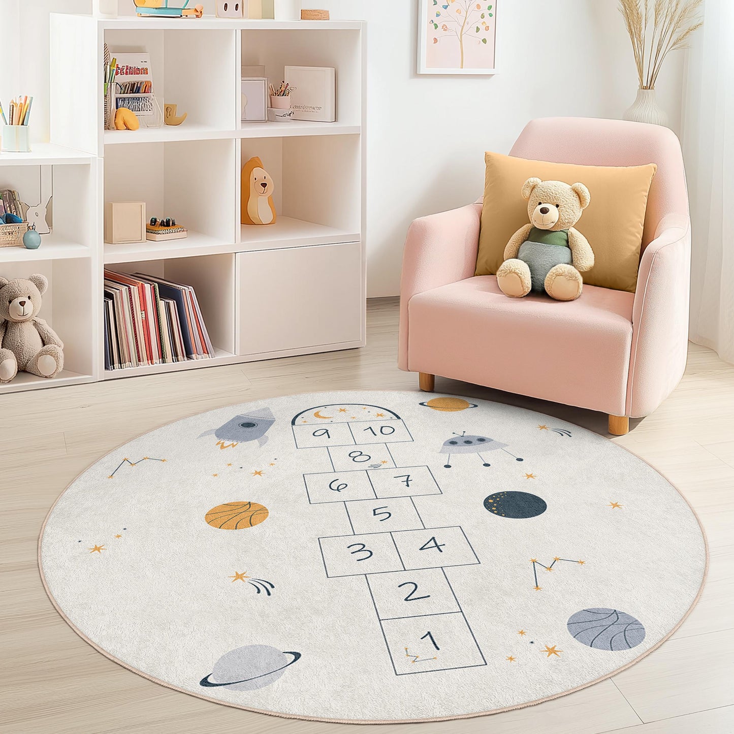 Space-Themed Round Kids Play Rug, Hopscotch Design Play Mat, Fun Kids Room Decor, Interactive Nursery Rug, Soft Play Area Carpet