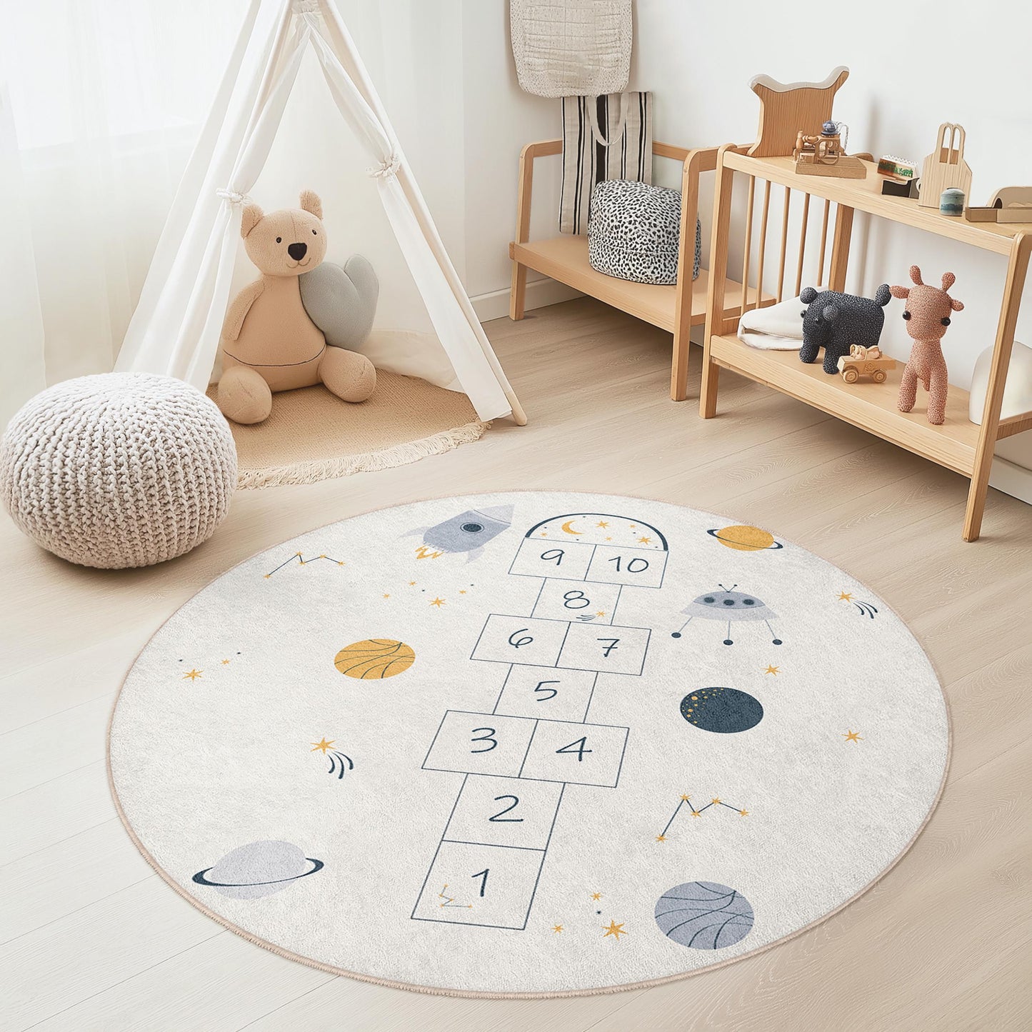 Space-Themed Round Kids Play Rug, Hopscotch Design Play Mat, Fun Kids Room Decor, Interactive Nursery Rug, Soft Play Area Carpet