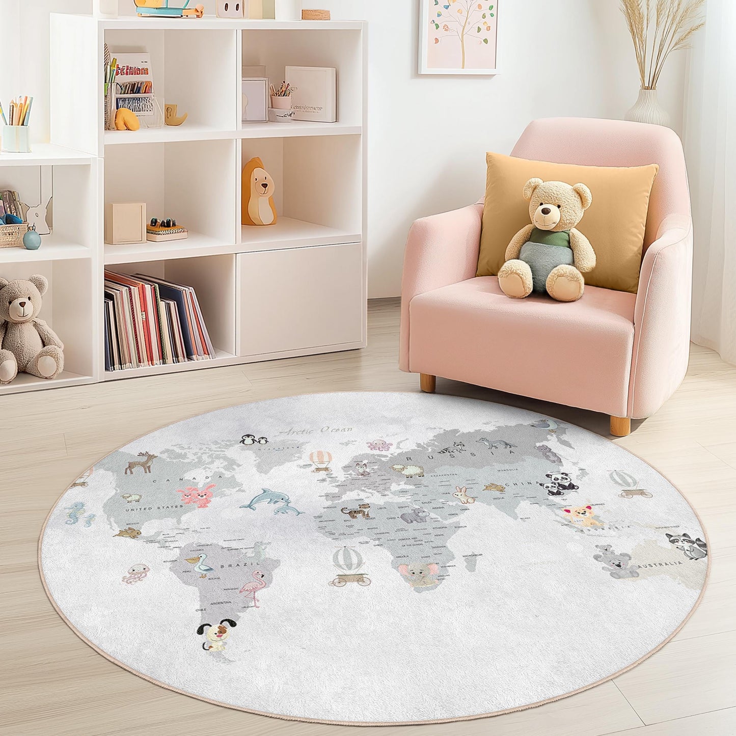 Cute Animal World Map Round Rug, Kids Playroom Decor, Nursery Area Rug, Soft Play Mat for Children, Educational Kids Rug
