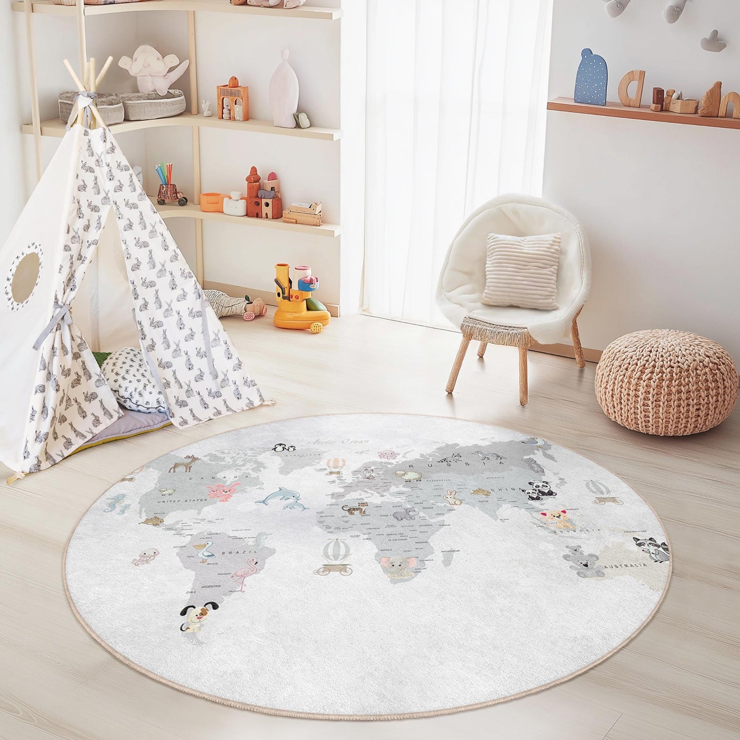 Cute Animal World Map Round Rug, Kids Playroom Decor, Nursery Area Rug, Soft Play Mat for Children, Educational Kids Rug