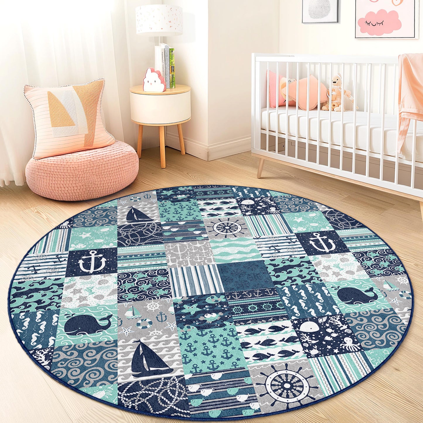 Nautical Adventure Round Kids Rug, Sea Theme Play Mat, Ocean Pattern Rug for Nursery, Kids Room Decor, Coastal Nursery Rug