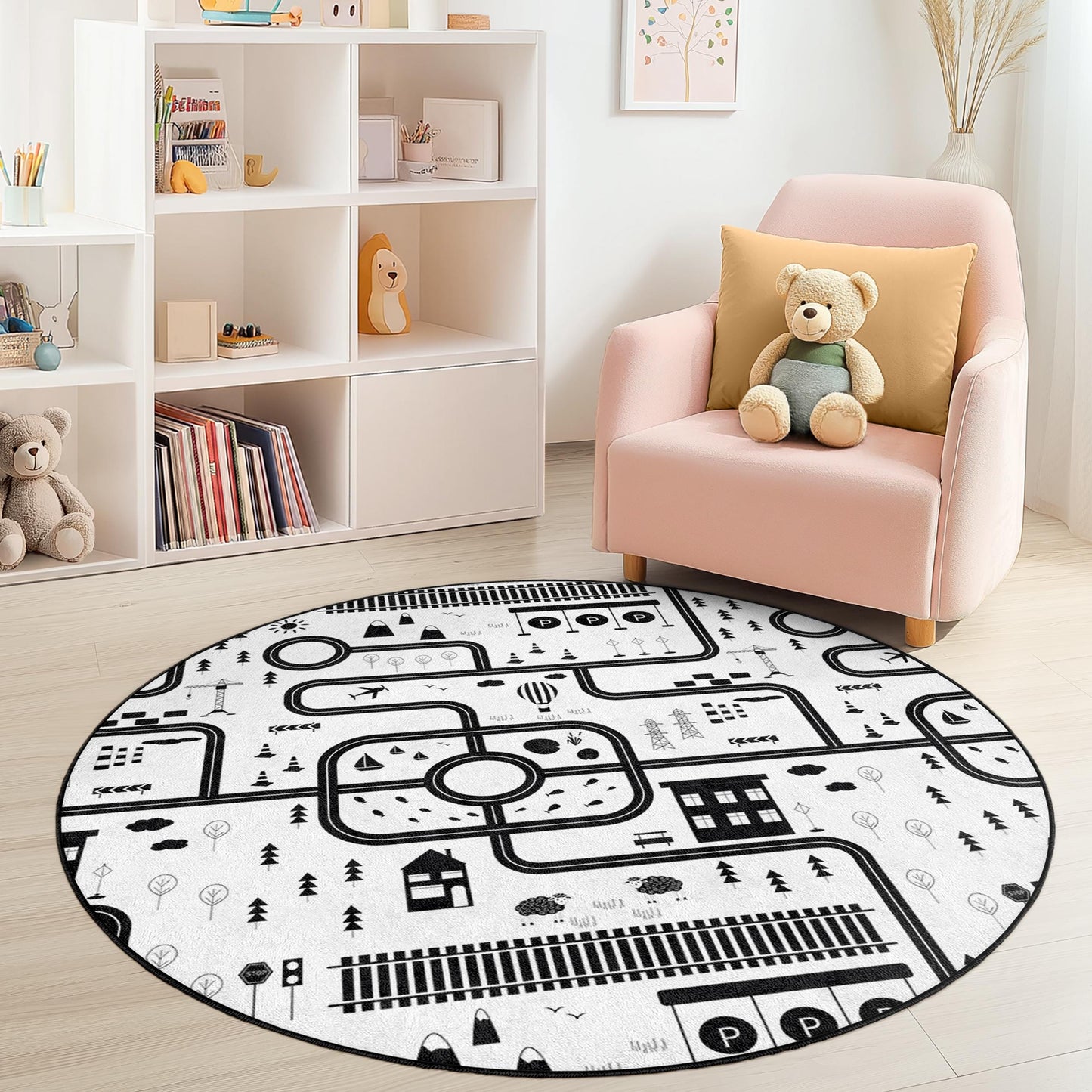 Black and White Road Map Round Kids Rug, Interactive Play Mat for Playroom, Nursery Decor, Soft and Cozy Play Area