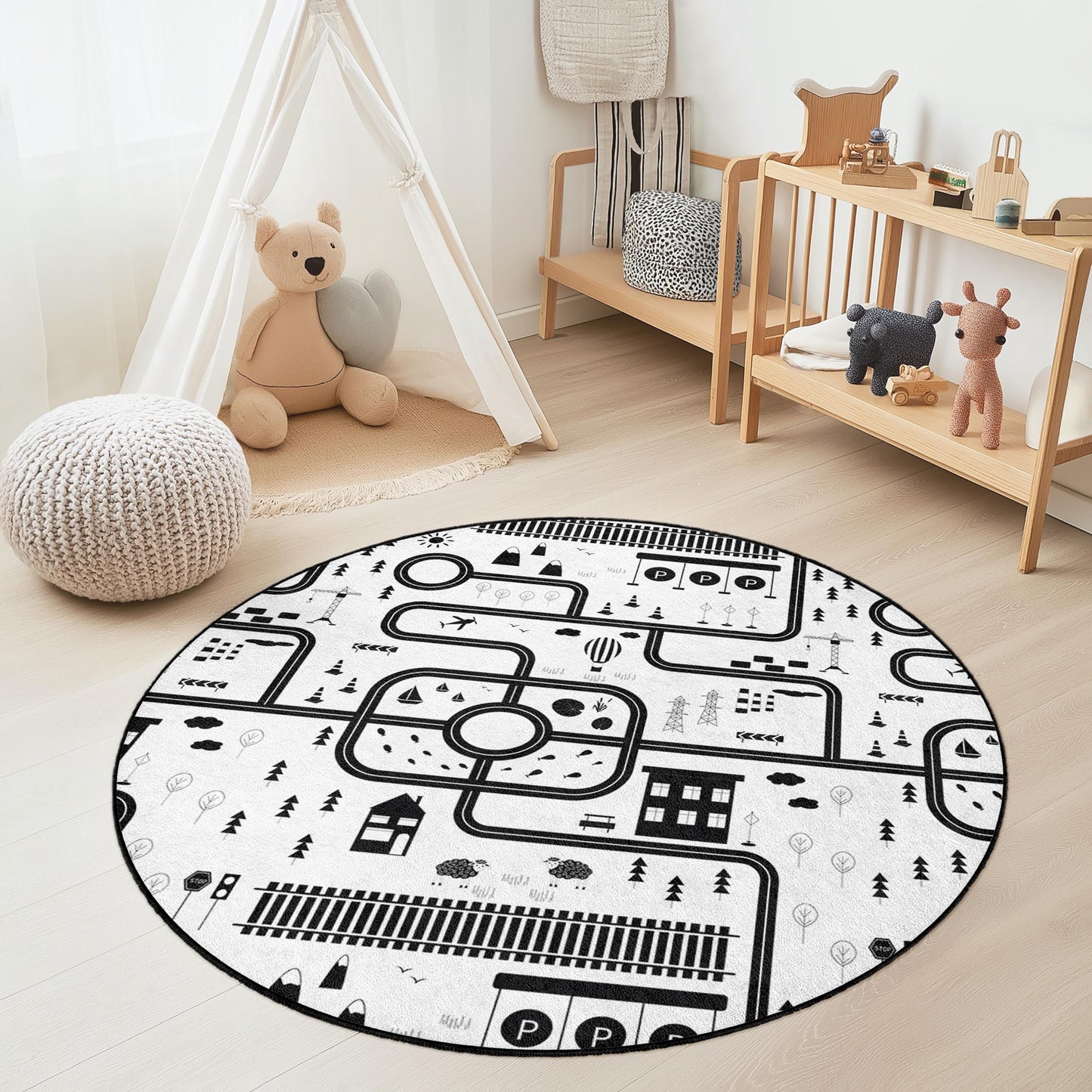 Black and White Road Map Round Kids Rug, Interactive Play Mat for Playroom, Nursery Decor, Soft and Cozy Play Area