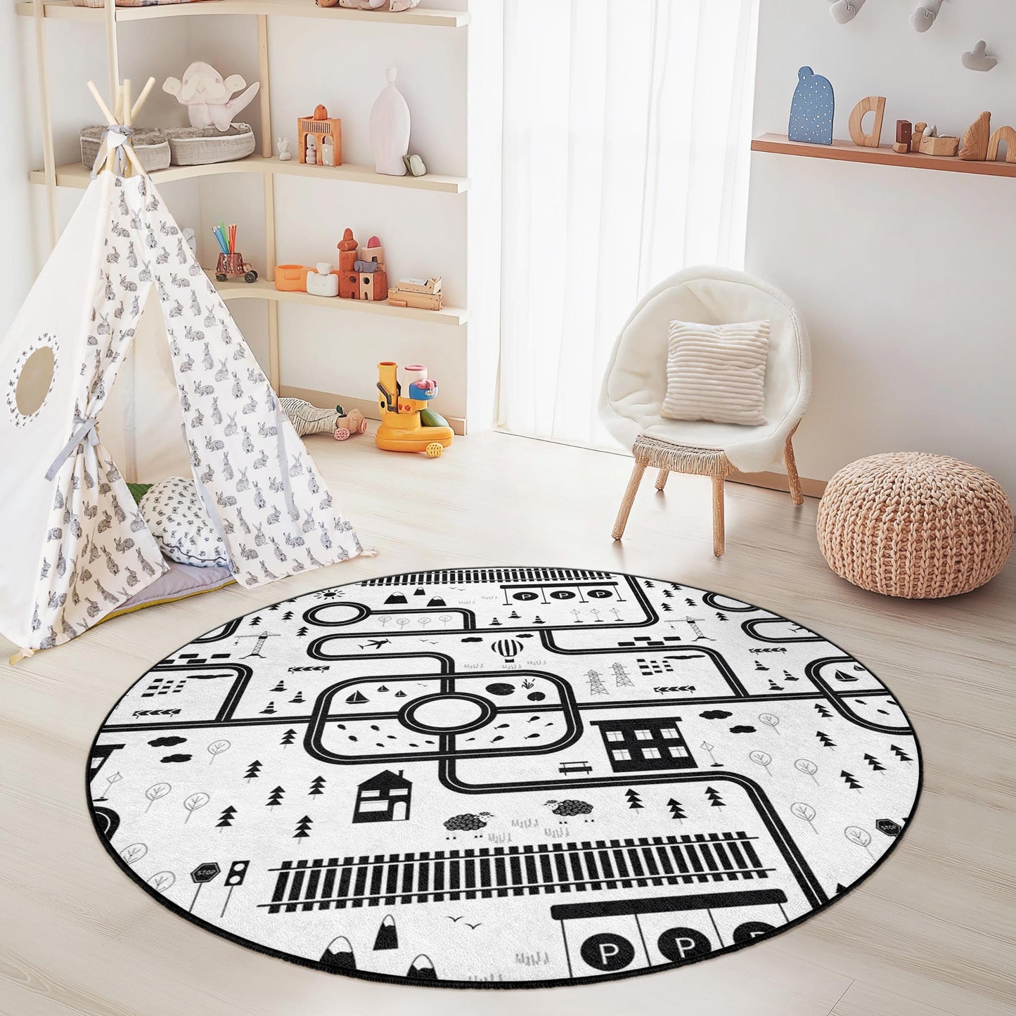 Black and White Road Map Round Kids Rug, Interactive Play Mat for Playroom, Nursery Decor, Soft and Cozy Play Area