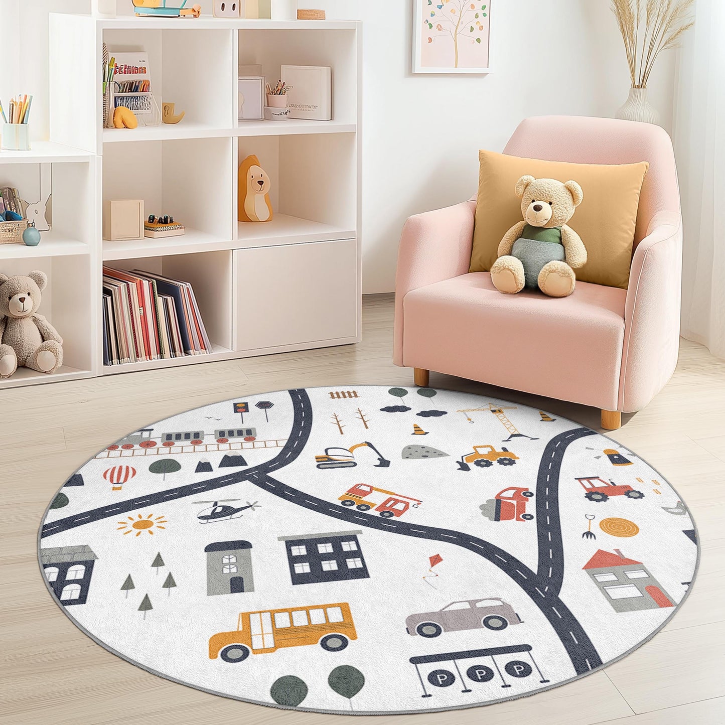 Playful Round Kids Rug, Colorful Road Map Play Mat, Soft Nursery Carpet, Interactive Round Rug, Toddler Room Decor