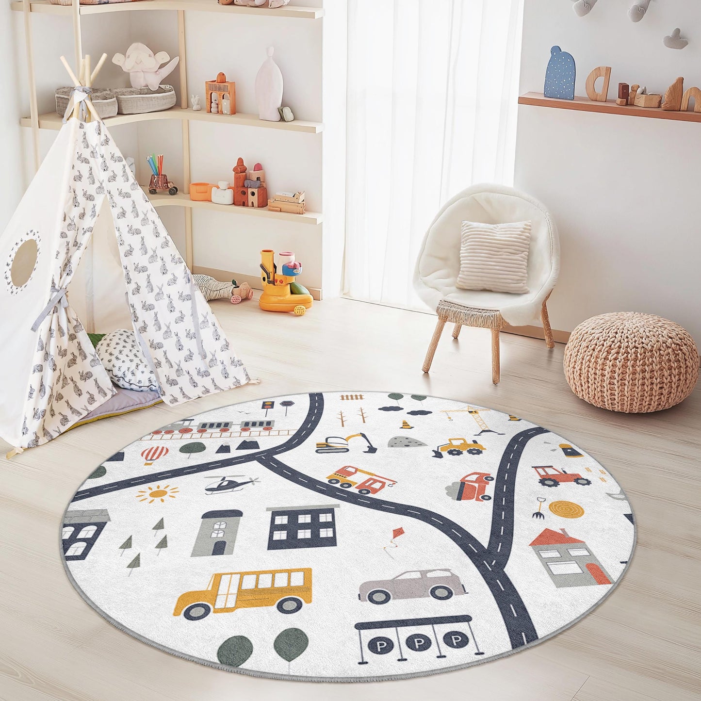 Playful Round Kids Rug, Colorful Road Map Play Mat, Soft Nursery Carpet, Interactive Round Rug, Toddler Room Decor