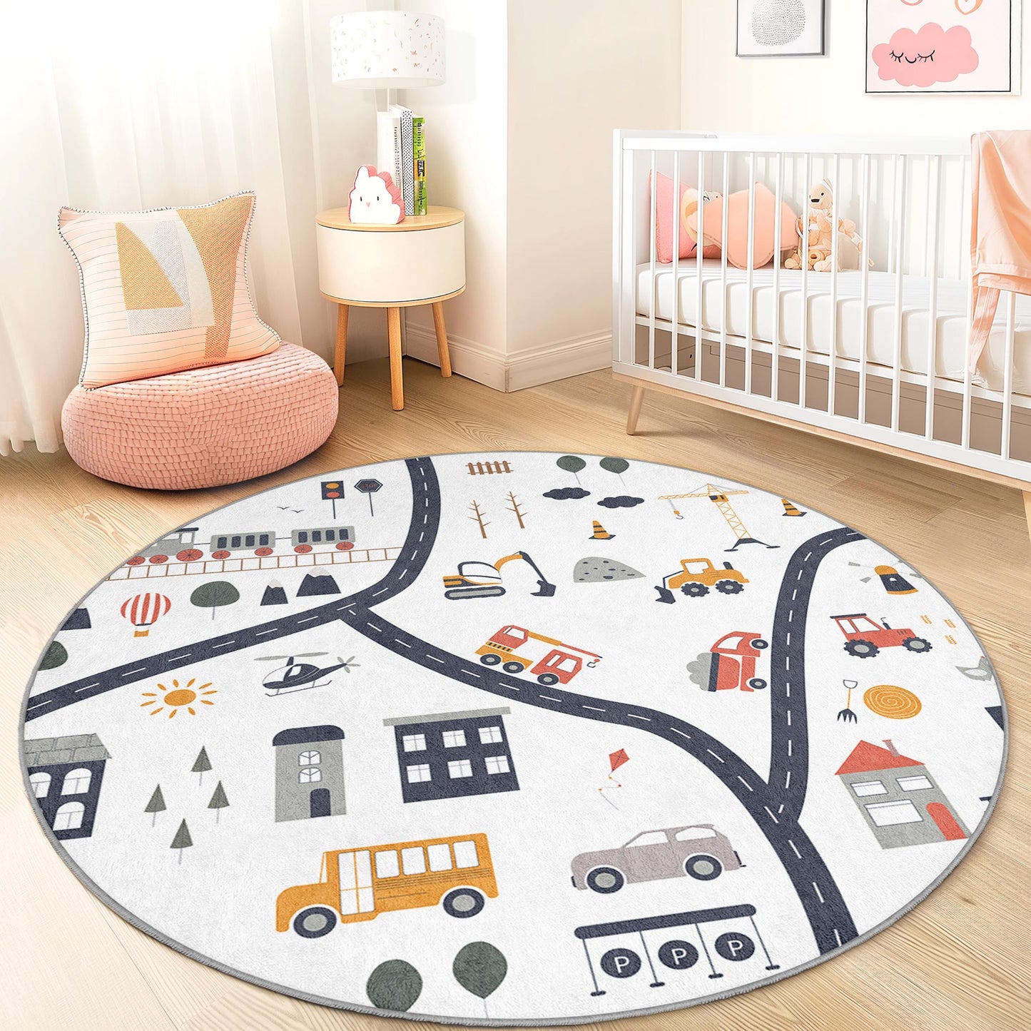 Playful Round Kids Rug, Colorful Road Map Play Mat, Soft Nursery Carpet, Interactive Round Rug, Toddler Room Decor