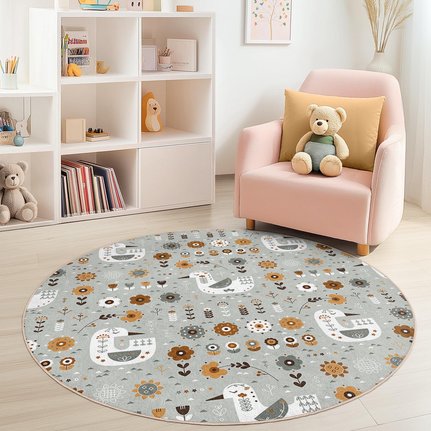 Whimsical Flower and Bird Round Kids Rug, Floral Playroom Floor Mat, Cozy Nursery Decor, Soft Children's Carpet