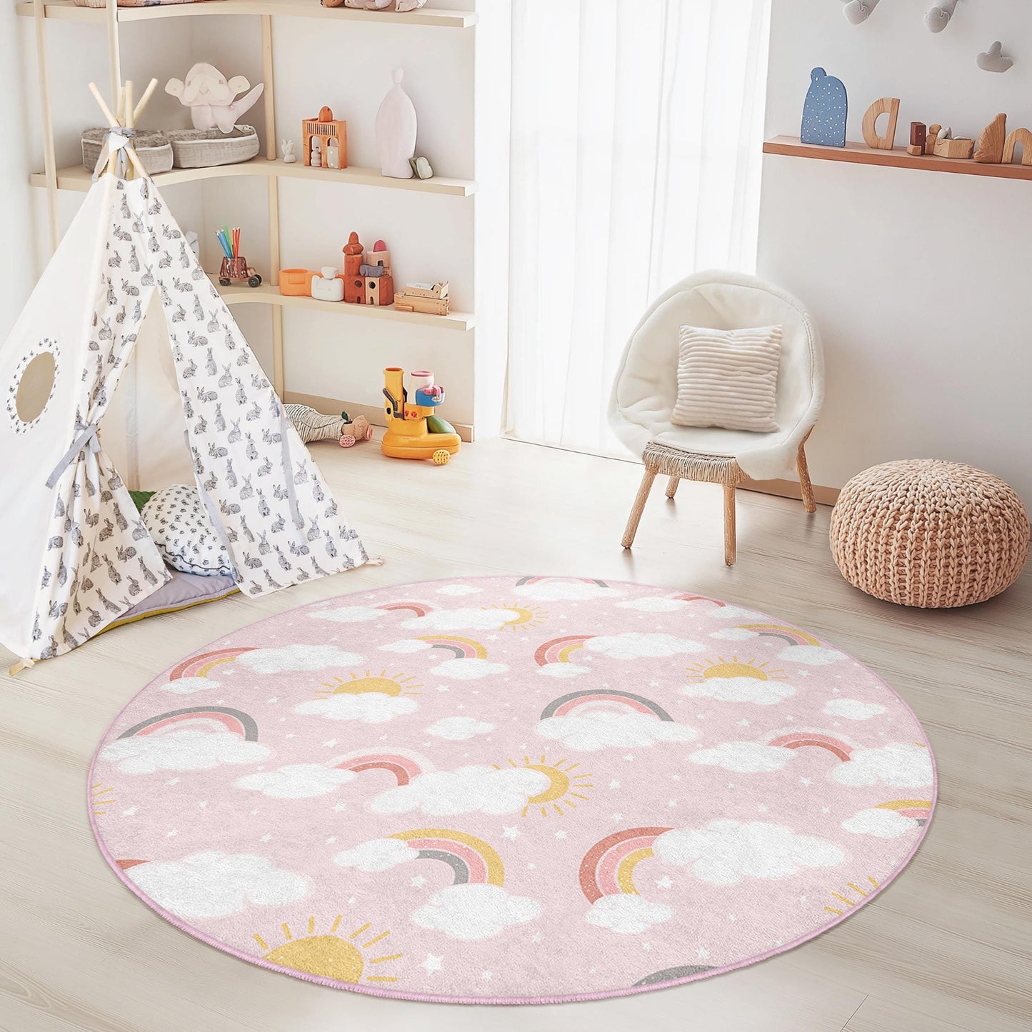 Rainbow Cloud Round Kids Play Rug, Soft Nursery Rug, Round Carpet for Children's Room, Playful Decor for Girls' Room