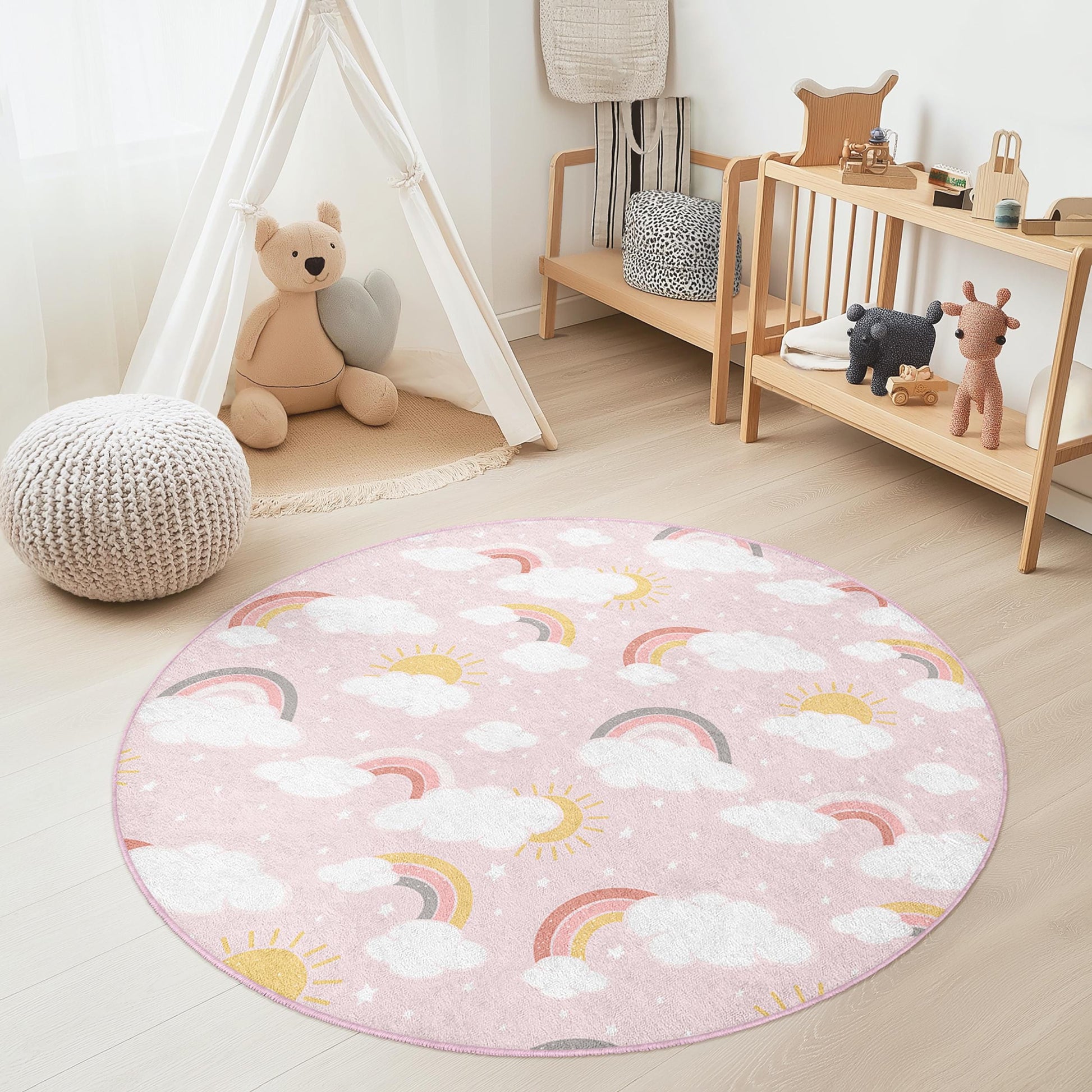 Rainbow Cloud Round Kids Play Rug, Soft Nursery Rug, Round Carpet for Children's Room, Playful Decor for Girls' Room