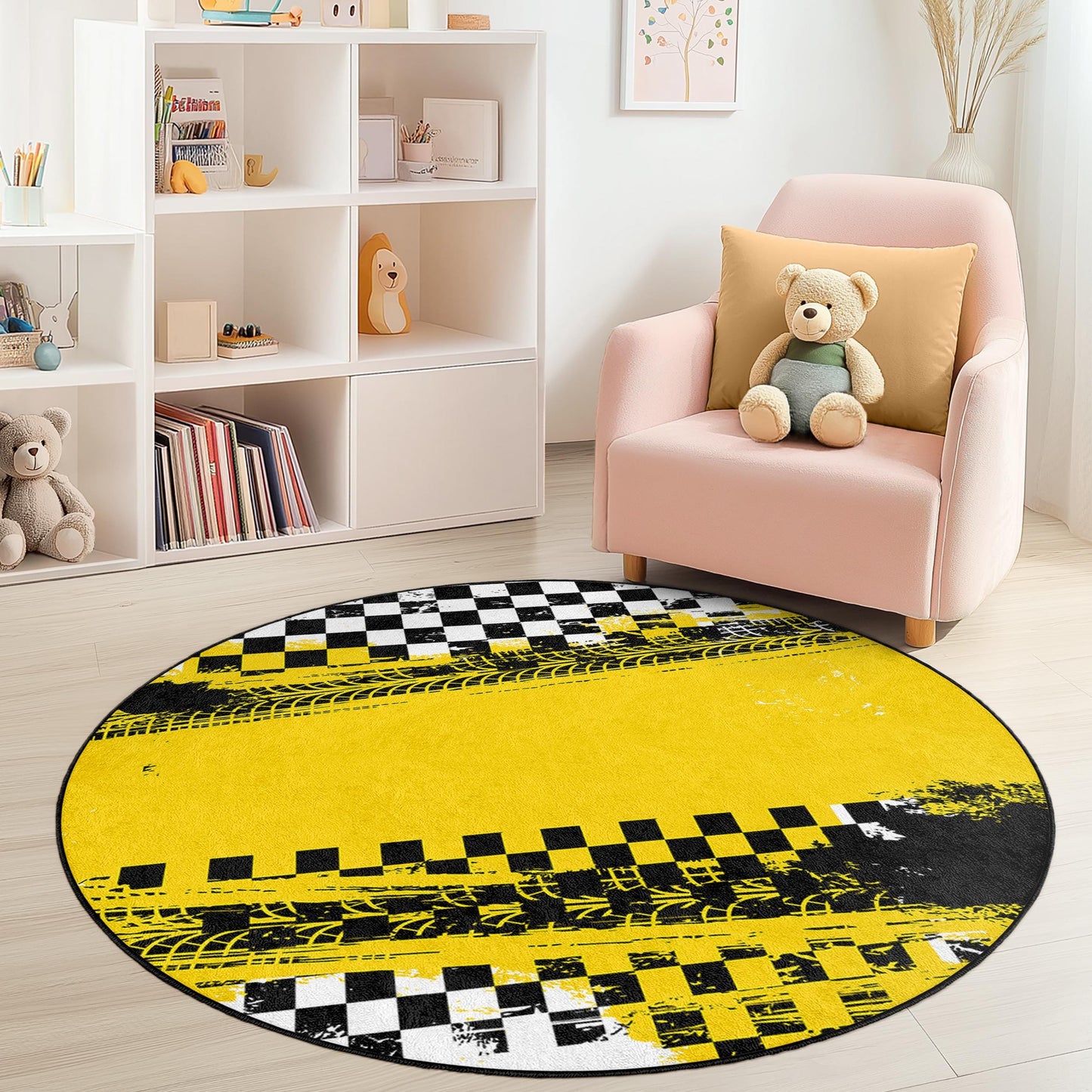 Vibrant Yellow Checkered Round Kids Play Rug, Tire Tracks Fun Carpet, Playroom Decor, Nursery Rug, Soft Play Mat for Children