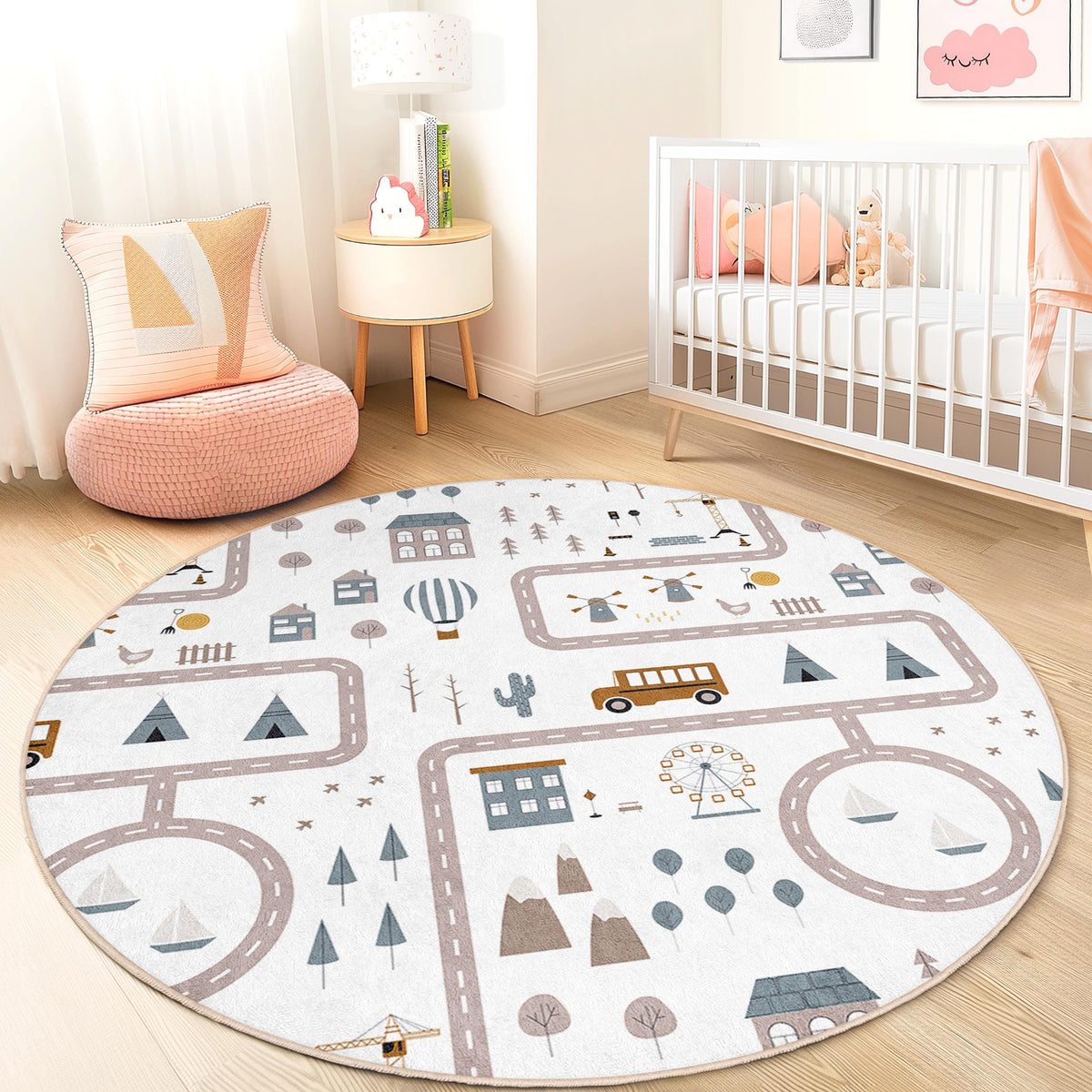 Childern's Rug Map Playful Road Map Round Rug for Kids, Soft Kids Room Carpet, Nursery ...