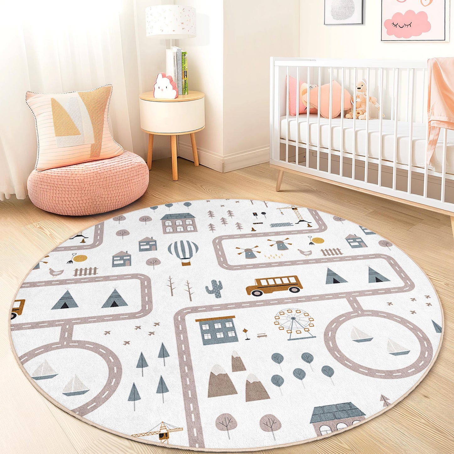 Playful Road Map Round Rug for Kids, Soft Kids Room Carpet, Nursery Decor, Interactive Play Mat, Adorable Childrens Rug