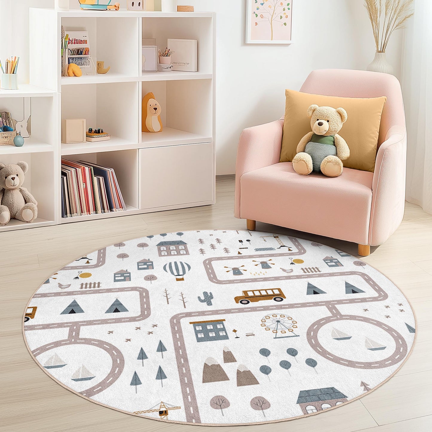 Playful Road Map Round Rug for Kids, Soft Kids Room Carpet, Nursery Decor, Interactive Play Mat, Adorable Childrens Rug