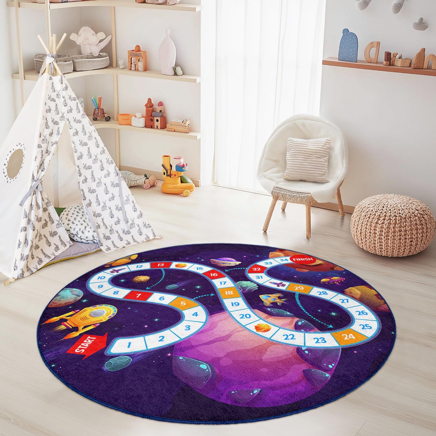 Space Adventure Round Kids Play Rug, Galaxy Theme Carpet, Kids Room Decor, Interactive Play Mat, Educational Play Rug