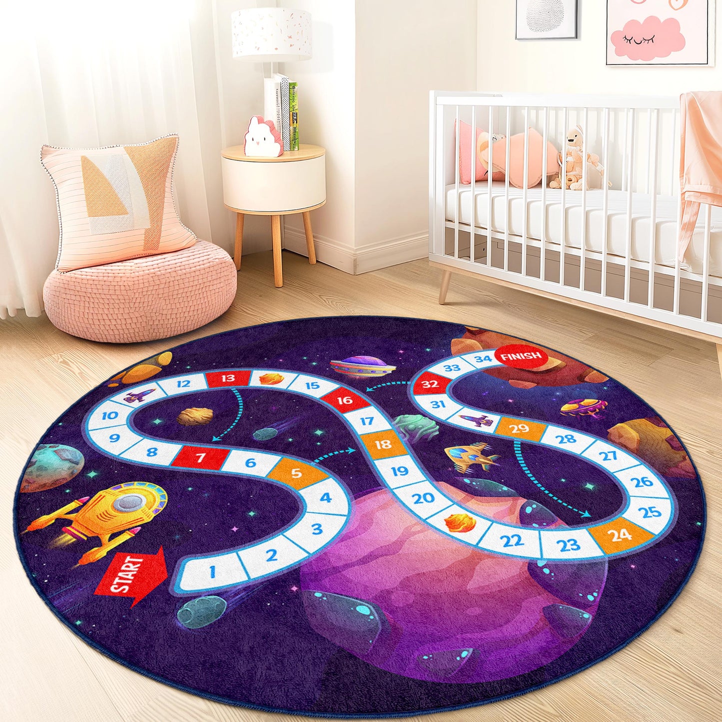 Space Adventure Round Kids Play Rug, Galaxy Theme Carpet, Kids Room Decor, Interactive Play Mat, Educational Play Rug