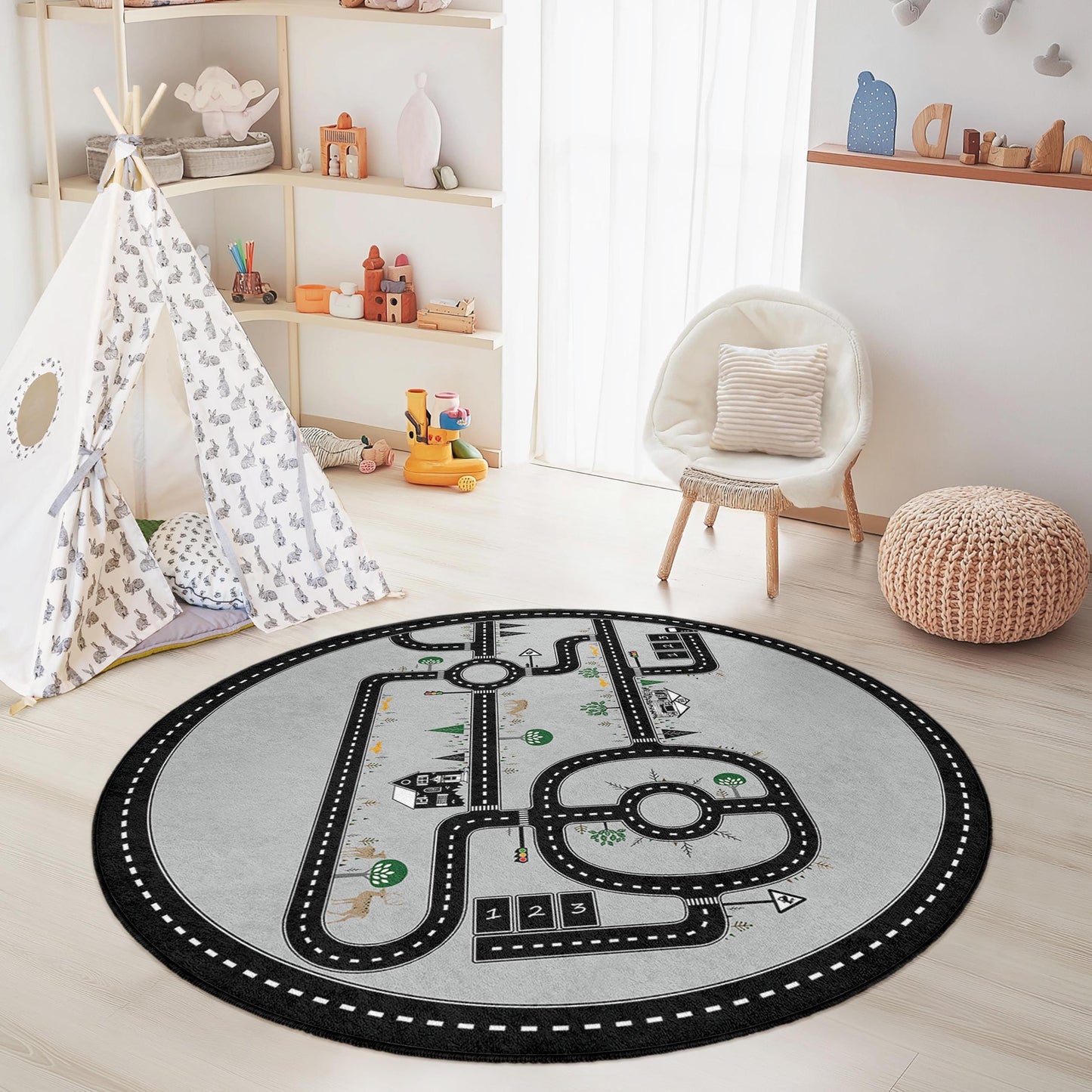 Road Map Playful Round Kids Rug, Interactive Nursery Carpet, Soft Play Mat for Children, Playroom Decor, Imaginative Play Rug