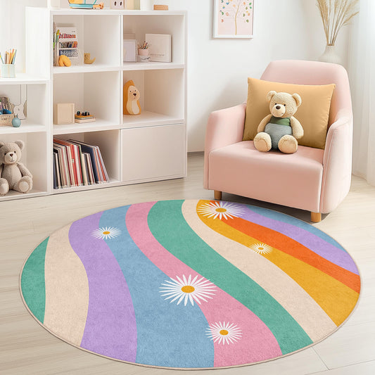 Colorful Waves Round Kids Rug, Playful Round Carpet for Children's Room, Soft Nursery Decor, Kids Play Mat, Vibrant Floor Rug