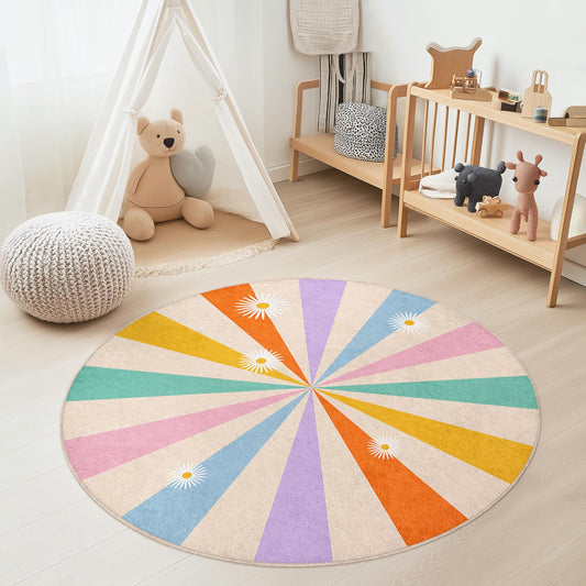 Colorful Sunburst Round Kids Rug, Vibrant Round Carpet for Playroom, Nursery Decor, Soft Play Mat, Kids Room Interior
