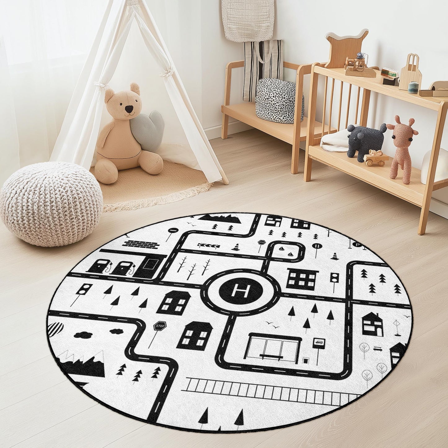 Playful Road Map Round Kids Rug, Black and White Road Rug, Soft Play Mat for Kids Room, Nursery Decor, Interactive Play Area