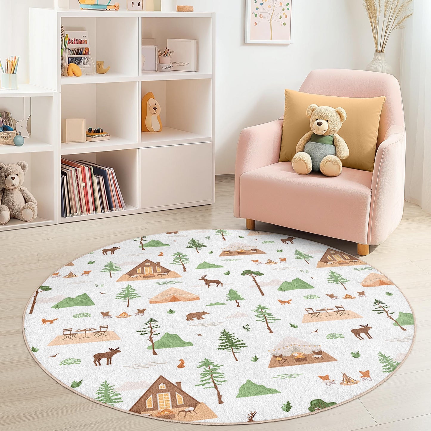Forest Adventure Round Kids Rug, Animal Camp Rug, Woodland Play Mat, Kids Room Decor, Nature Themed Rug, Round Kids Carpet