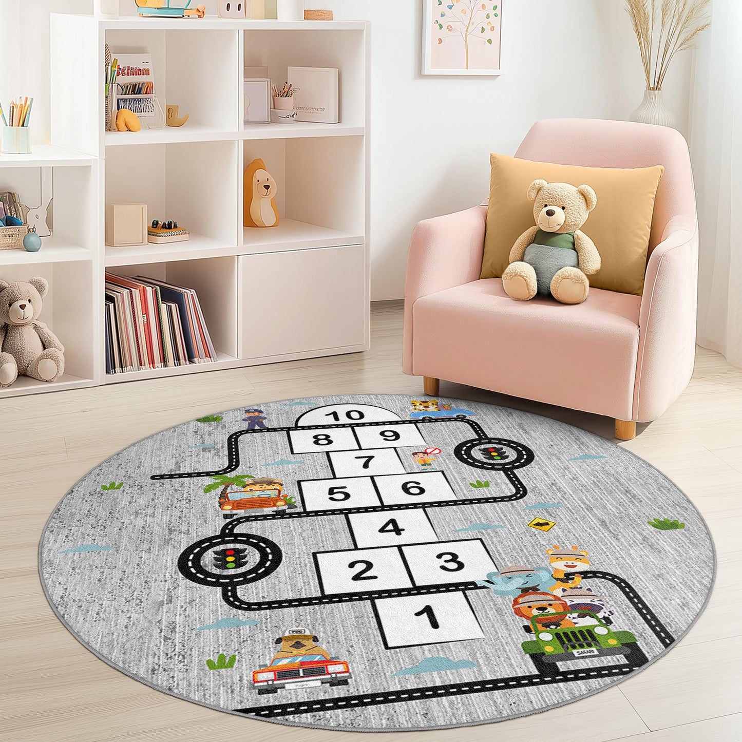 Hopscotch Adventure Round Kids Play Rug, Interactive Play Mat for Kids Room, Fun Road Map Rug, Nursery Decor, Playroom Carpet