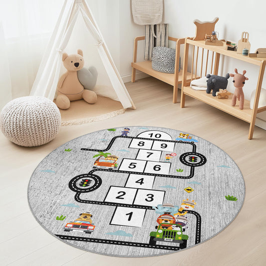 Hopscotch Adventure Round Kids Play Rug, Interactive Play Mat for Kids Room, Fun Road Map Rug, Nursery Decor, Playroom Carpet