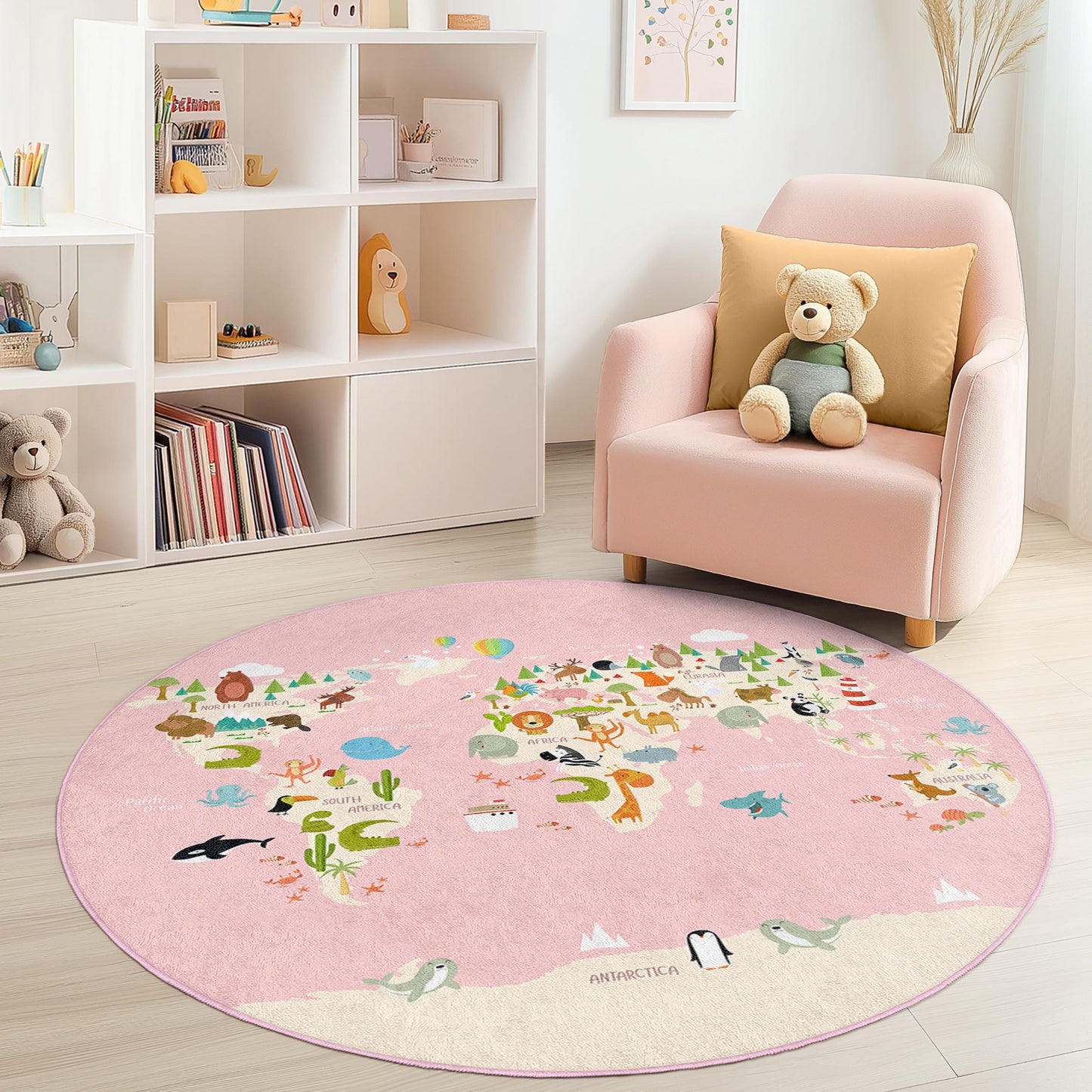 World Map Kids Play Rug, Round Animal Adventure Rug, Nursery Decor, Interactive Play Mat for Children, Soft and Cozy Carpet