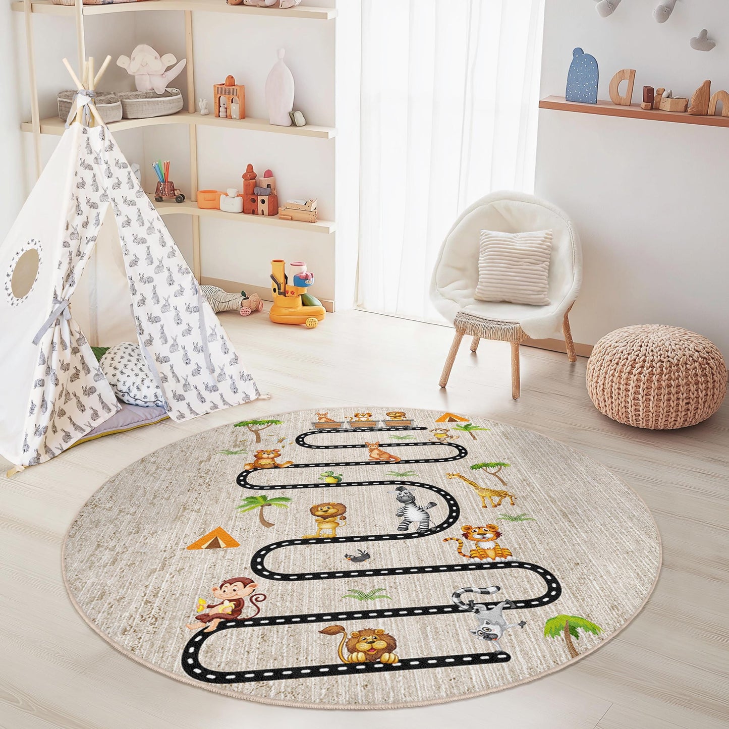 Jungle Adventure Round Kids Play Rug, Animal Theme Play Mat, Soft Round Carpet for Kids Room, Interactive Kids Rug, Nursery Decor
