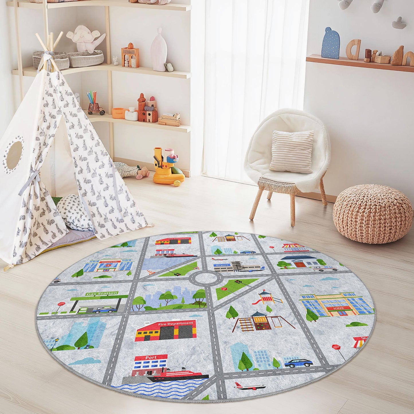 City Map Round Kids Play Rug, Interactive Play Mat for Kids Room, Soft Round Carpet for Playroom, Educational Kids Rug