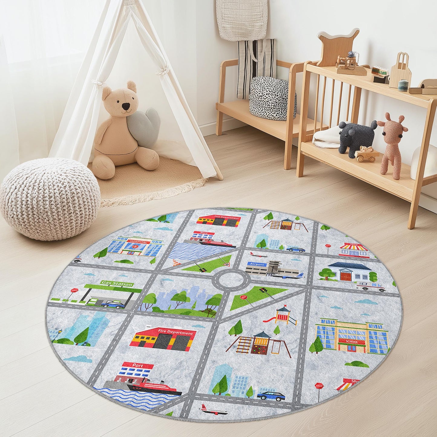 City Map Round Kids Play Rug, Interactive Play Mat for Kids Room, Soft Round Carpet for Playroom, Educational Kids Rug