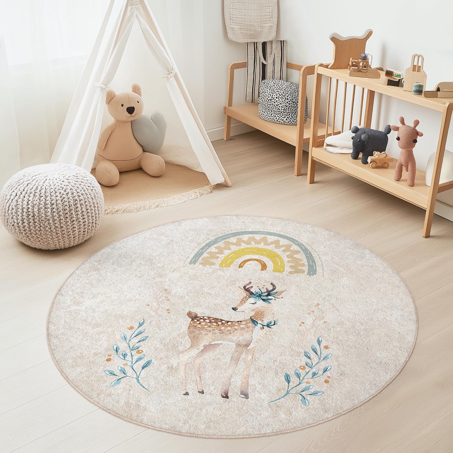 Whimsical Deer Round Kids Rug, Cute Animal Nursery Rug, Playful Round Carpet for Children's Room, Soft and Cozy Play Mat