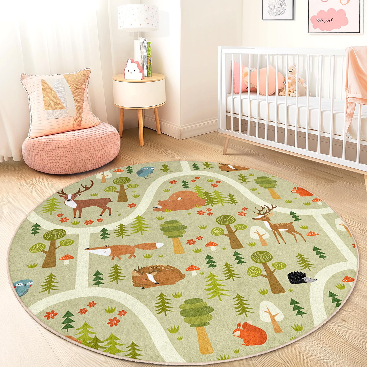 Forest Adventure Kids Play Rug: Woodland Animals Nursery Mat